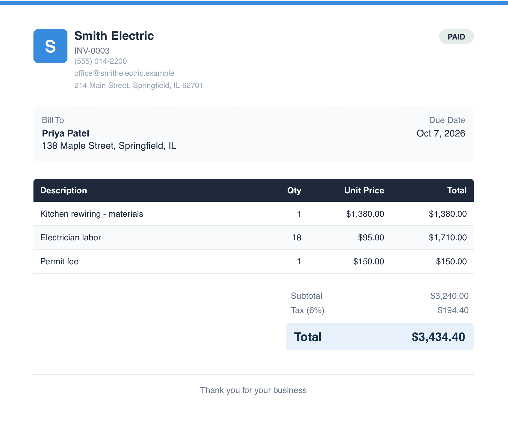 A polished JobNook invoice PDF ready to send to a customer