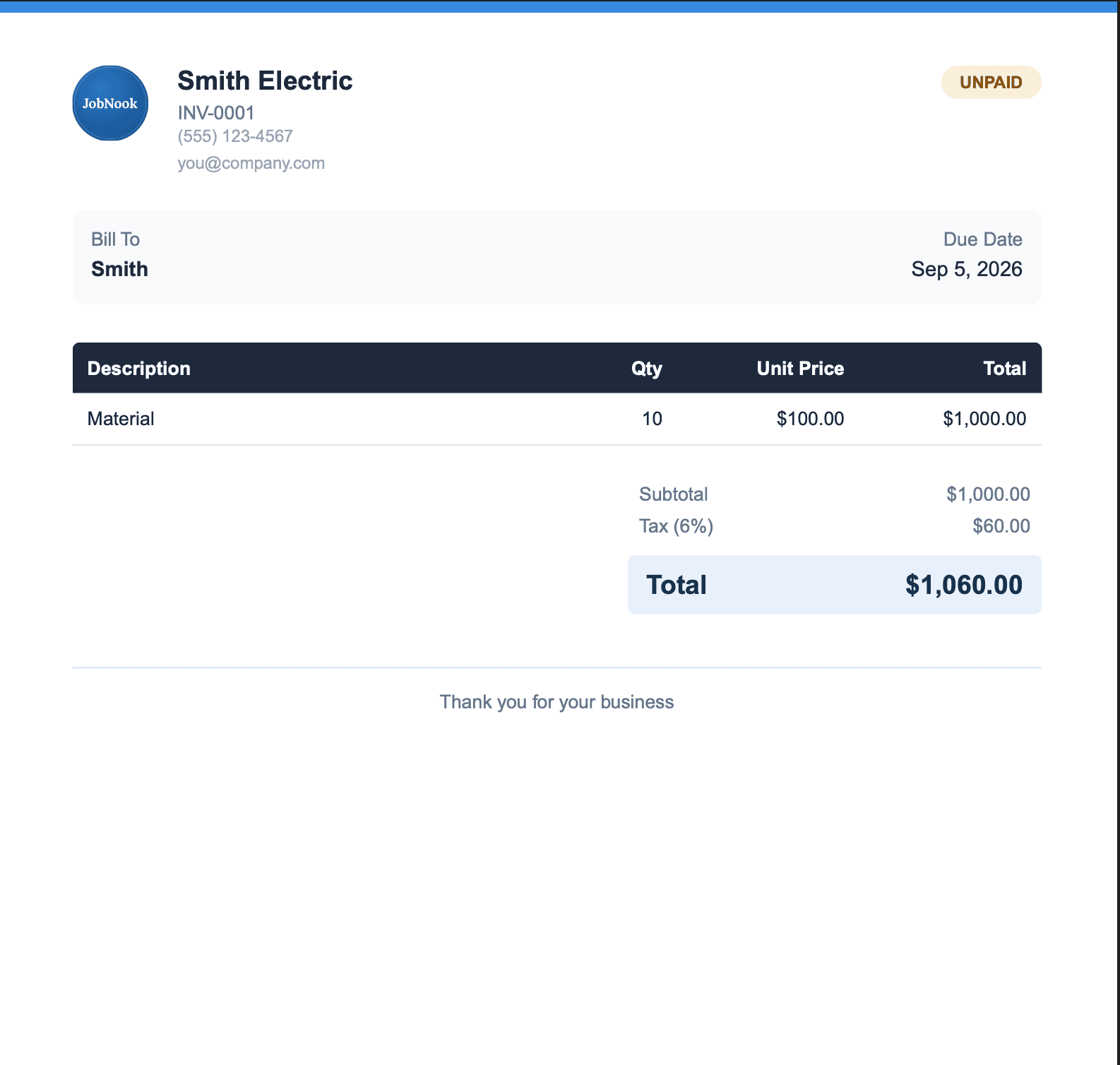 A polished JobNook invoice PDF ready to send to a customer