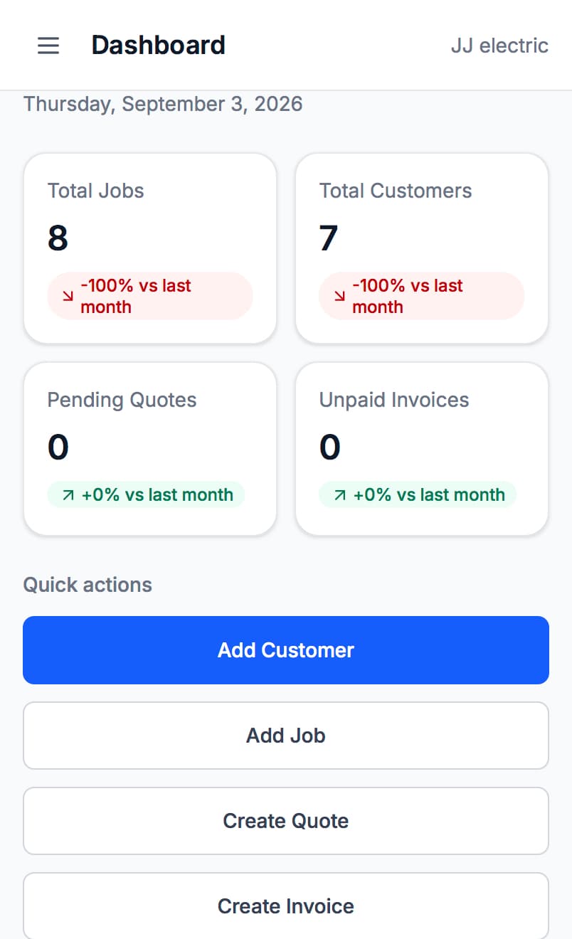 JobNook dashboard on a phone, showing job and customer totals and quick actions