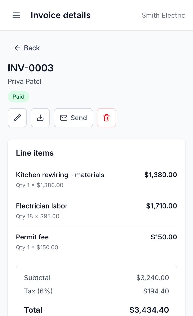 An invoice on a phone with edit, download, email, and delete actions