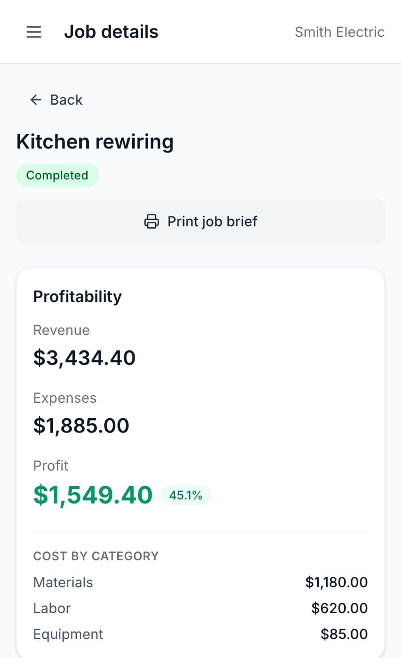 Job profitability on a phone, showing revenue, expenses, and profit for a job
